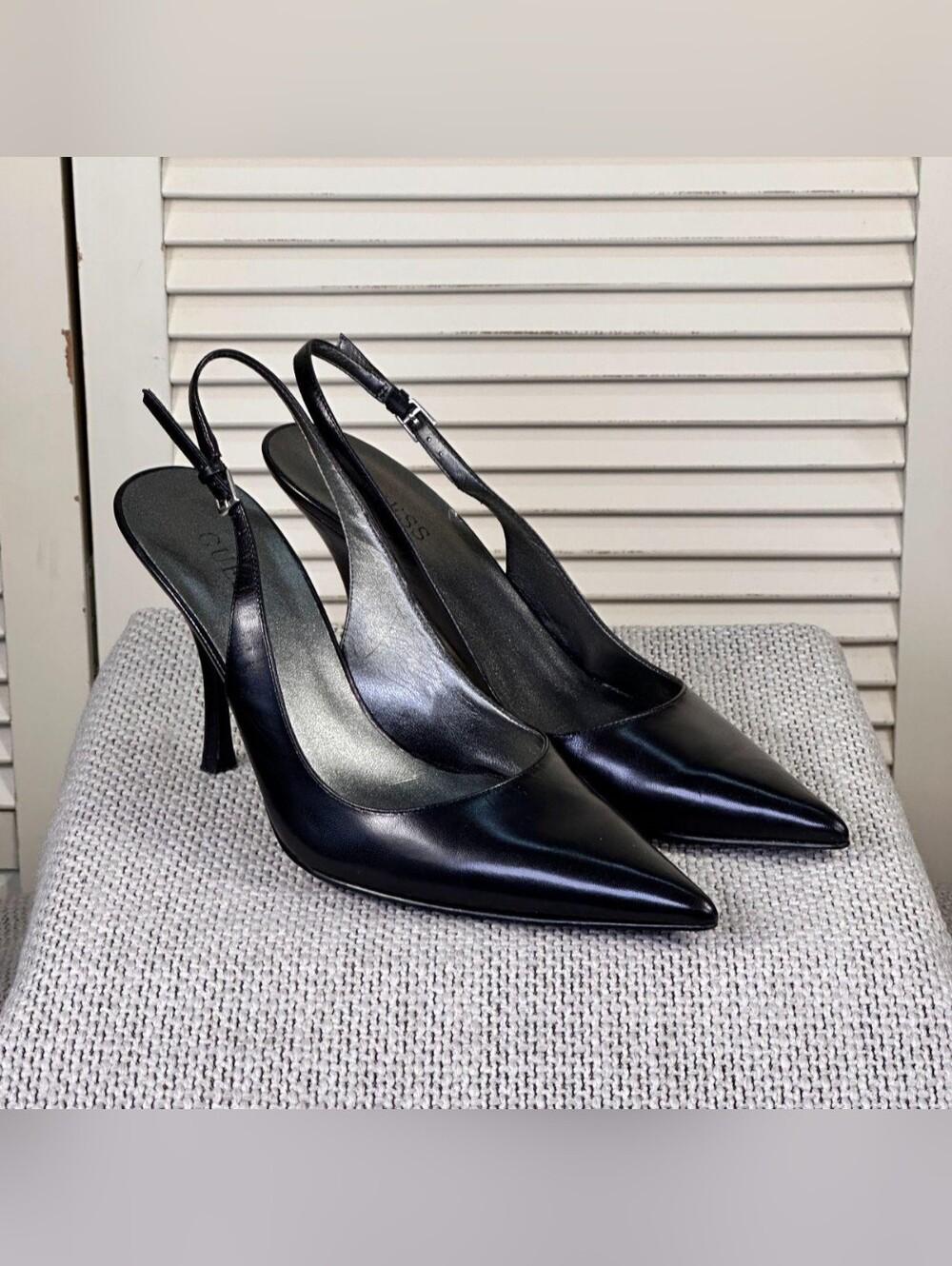 Guess Black Leather Pointed-Toe Slingback Heels